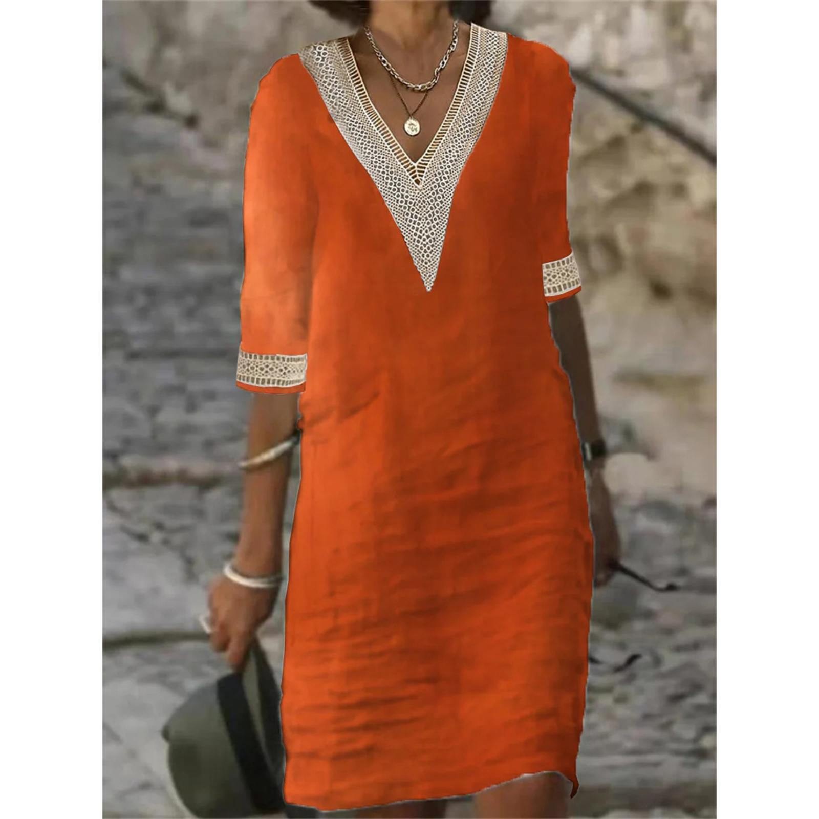 thumbnail image 5 of Vestido de mujer con cuello en V, costuras de encaje y manga media: vestido ligero y casual de verano con diseño clásico, 5 of 5